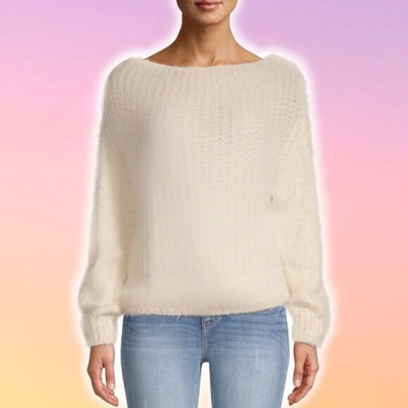 DREAMERS Fuzzy Off The Shoulder Sweater Sz Medium / Large Cream - Picture 1 of 4